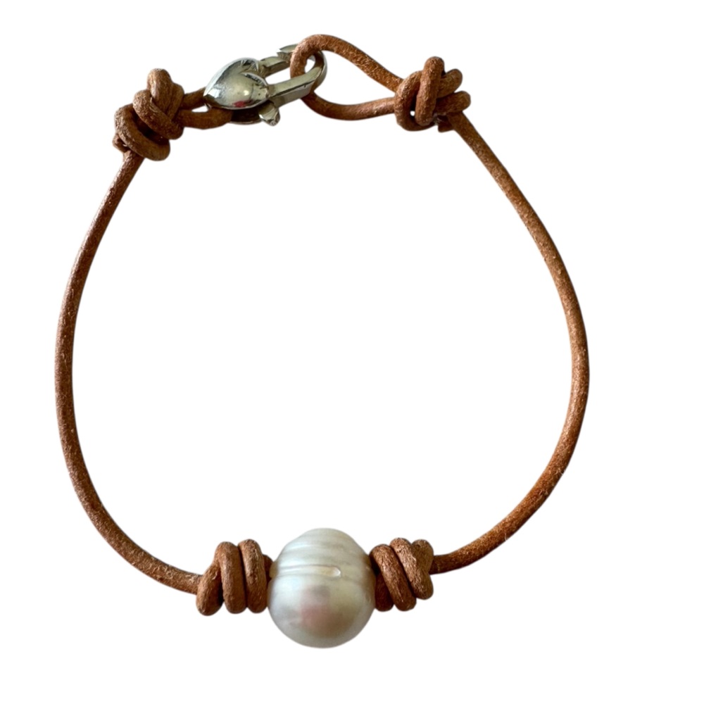 Sundance 925 Sterling Silver Tan Leather and White Pearl Bracelet